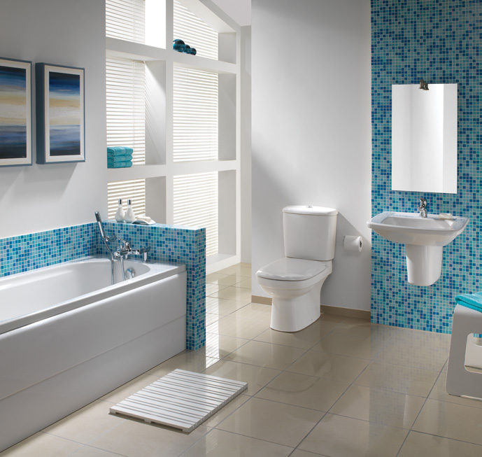 White Bathroom with Blue Mosaic Tiles