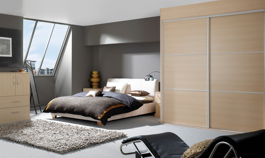 Modern Mushroom Bedroom with Fitted Furniture
